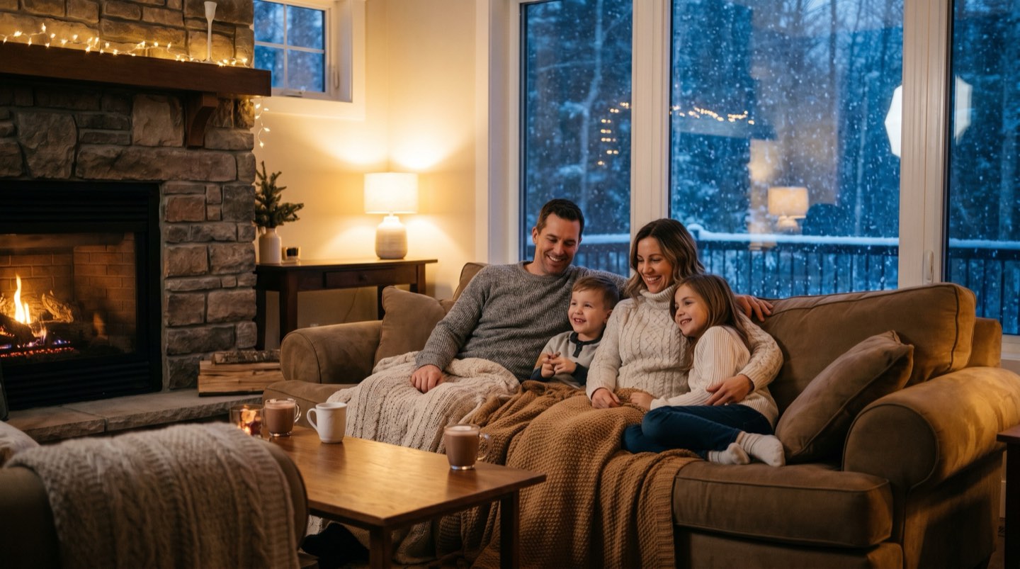A family relaxing in a warm, comfortable home heated and cooled by Ontario IP Home Comfort